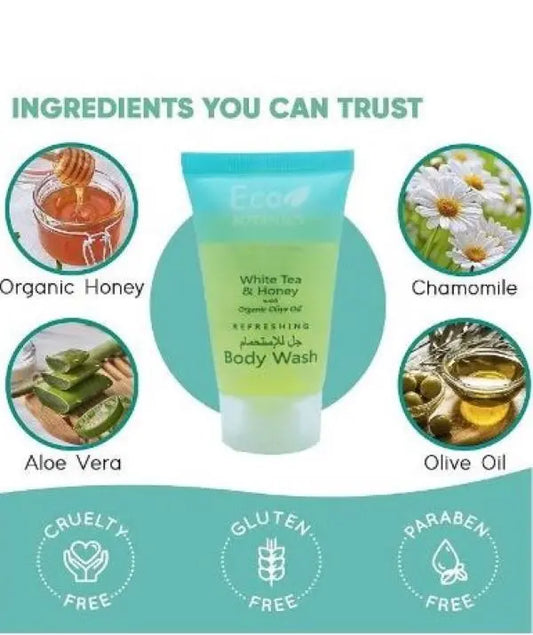 Eco Botanics Bulk Set Transparent Travel-Size Hotel Flip Cap Body Wash 30ml ( Pack Of 250 ) - Treasure Box Fze LLC