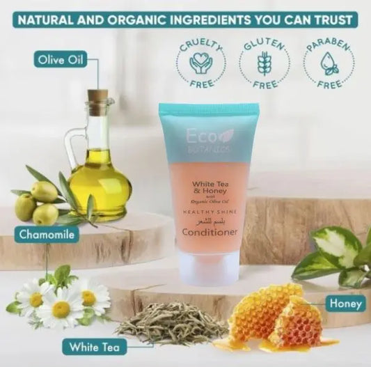 Eco Botanics Bulk Set Transparent Travel-Size Hotel Conditioner With White tea & Honey Extract 30ml ( Pack of 100 ) - Treasure Box Fze LLC