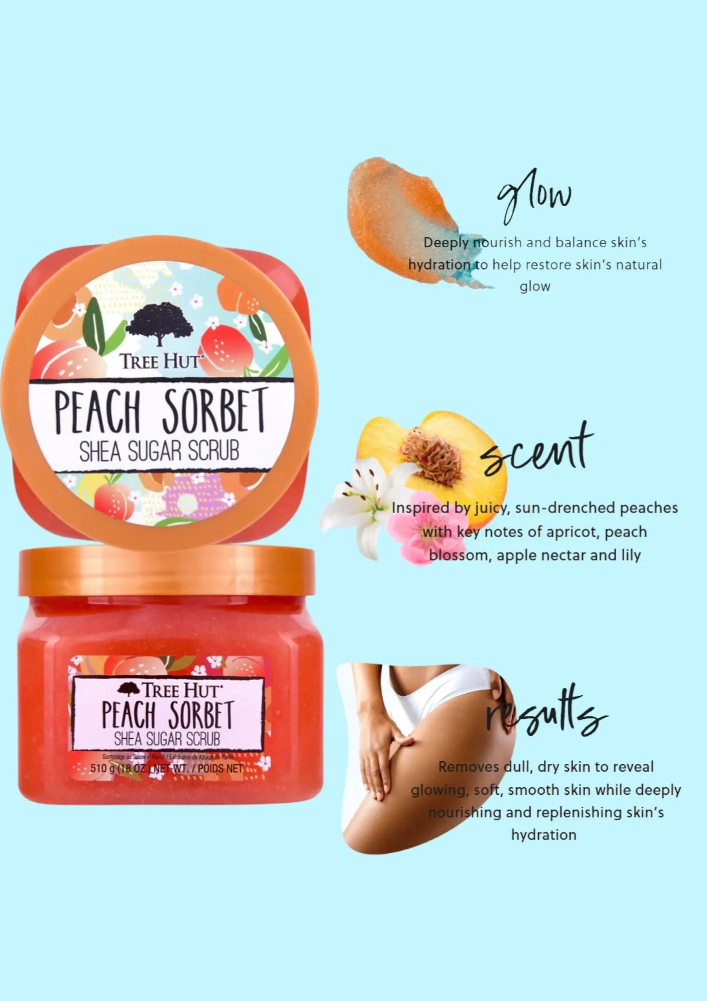 Tree Hut Peach Sorbet Shea Sugar Scrub, 18 oz, Ultra Hydrating and Exfoliating Scrub for Nourishing Essential Body Care Treasure Box Fze LLC