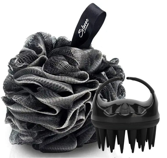 SOLARAE Scalp Brush soft Silicone Bristles and Bath Loofah Sponge Scrubber Exfoliator, Body & Scalp Washing Scrubber for all Hair Types (BLACK) - Treasure Box Fze LLC