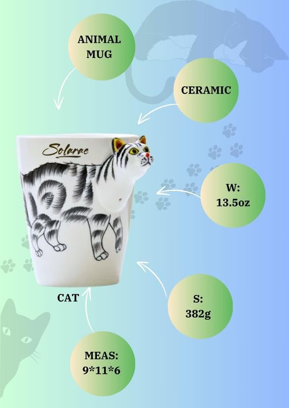 SOLARAE Ceramic 3D Coffee Mug, Hand-Painted Mug Cute Animal Tea Mugs,(CAT) - Treasure Box Fze LLC