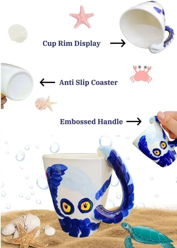 SOLARAE Ceramic 3D Coffee Mug, Hand-Painted Mug Cute Animal Tea Mugs, Coffee Cup, Ideal Gift for Kids/Teenagers/Man/Woman Corporate Gifting, Premium Mug 13.5 oz.(OCTOPUS) - Treasure Box Fze LLC