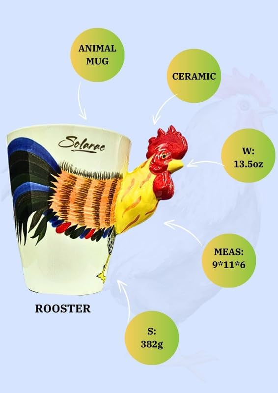 SOLARAE Ceramic 3D Coffee Mug, Hand-Painted Mug (Rooster) - Treasure Box Fze LLC