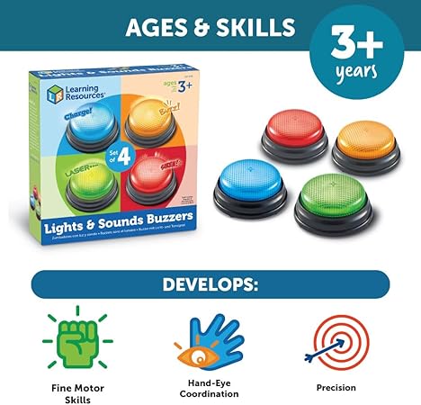 Learning Resources (UK Direct Account) LER3776 Learning Resources Lights and Sounds Family Night Game Show Classroom Accessories Siren Buzzer Laser and Charge Set of 4 Ages 3+ Multicoloured - Treasure Box Fze LLC