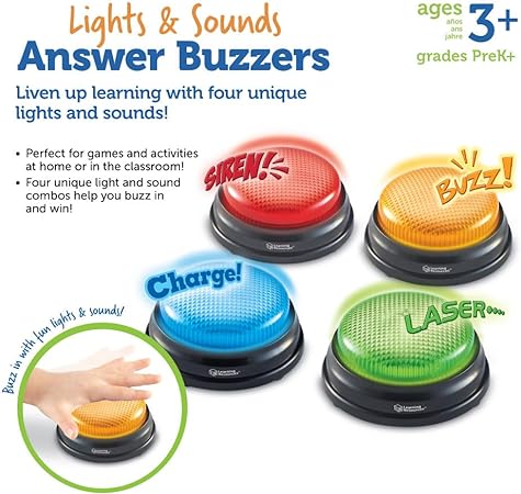 Learning Resources (UK Direct Account) LER3776 Learning Resources Lights and Sounds Family Night Game Show Classroom Accessories Siren Buzzer Laser and Charge Set of 4 Ages 3+ Multicoloured - Treasure Box Fze LLC