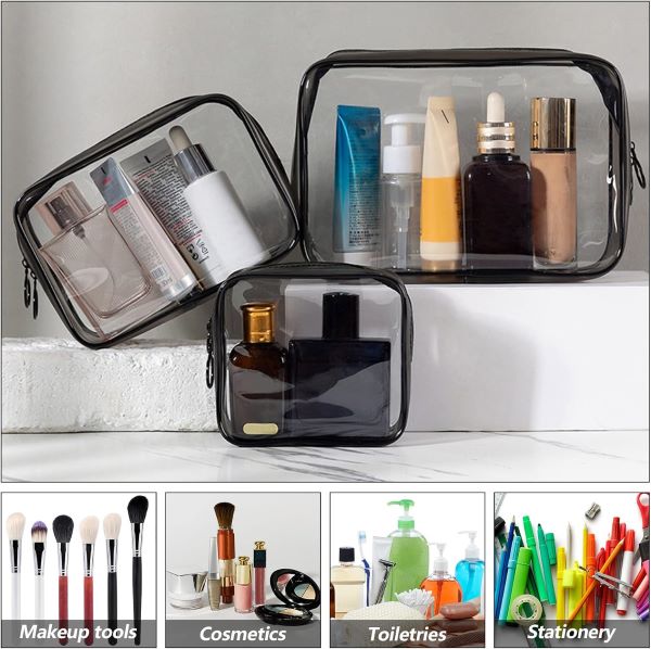 SOLARAE Set of 3 Clear Cosmetic Bags, Double Zipper Sliders Clear Travel Makeup Bags, Water Resistant Toiletry Bags, Portable Clear Pouches, Black - Treasure Box Fze LLC