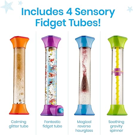 hand2mind Sensory Fidget Tubes, Calming Toys for Kids, Occupational Therapy Toys, Play Therapy, Stress Relief Toy, Comfort Items for Anxiety, Calm Down Corner Supplies (Set of 4) - Treasure Box Fze LLC