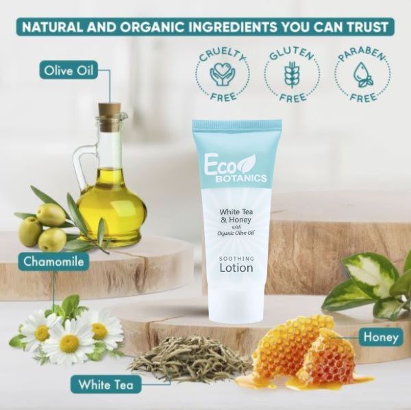 Eco Botanics Bulk Set Transparent Travel-Size Hotel Lotion With White tea & Honey Extract 30ml ( Pack of 150 ) - Treasure Box Fze LLC