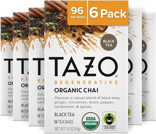 TAZO Regenerative Organic Chai Black Tea Bags, 16 Count (Pack of 6) - Treasure Box Fze LLC