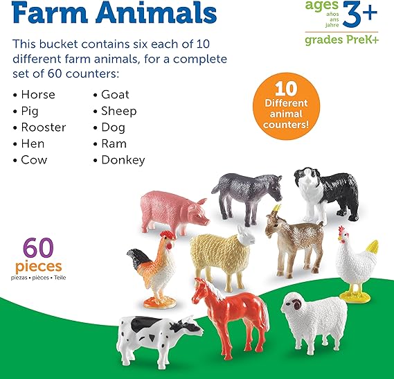 Learning Resources Farm Animal Counters - 60 Pieces, Ages 3+ Toddler Learning Toys, Farm Animals Toys, Develops Counting and Matching Skills - Treasure Box Fze LLC