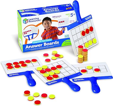 Learning Resources Magnetic Ten-Frame Answer Boards - Set of 4 with 100 Colorful counters/Discs, Ages 5+ | Grades K+ Giant Magnetic Ten Frame Boards Set, Math Manipulatives - Treasure Box Fze LLC