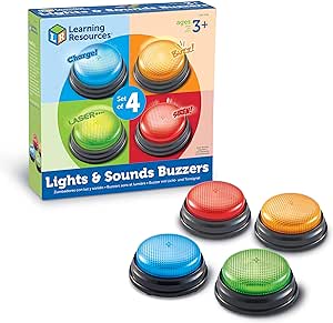 Learning Resources (UK Direct Account) LER3776 Learning Resources Lights and Sounds Family Night Game Show Classroom Accessories Siren Buzzer Laser and Charge Set of 4 Ages 3+ Multicoloured - Treasure Box Fze LLC