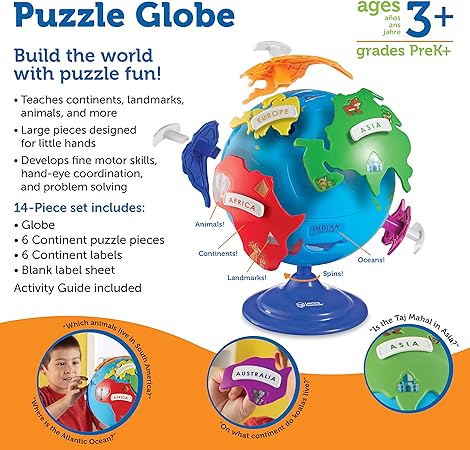 Learning Resources Puzzle Globe, 3-D Geography Puzzle, Fine Motor, 14 Pieces-Ler7735.Ages 3+ - Treasure Box Fze LLC